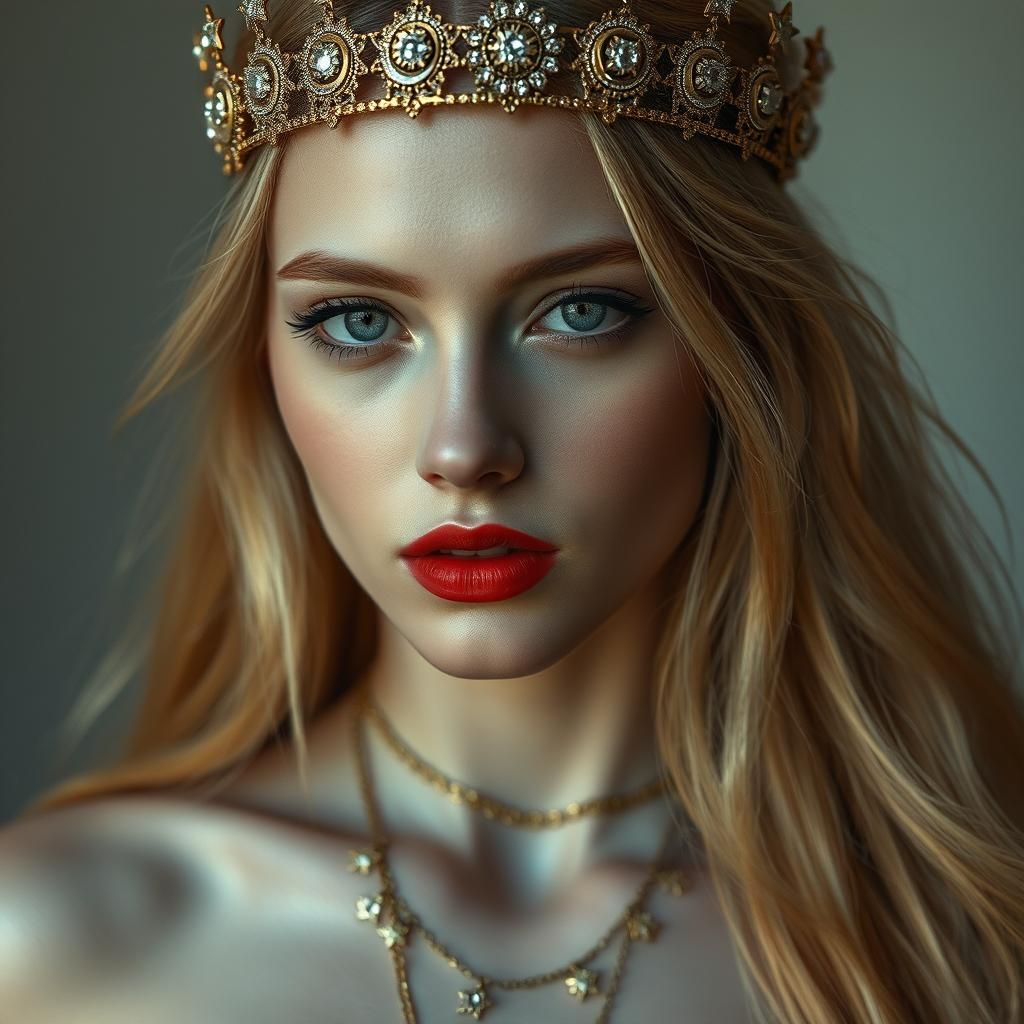 Celestial Woman with Star Crown, Hyper-Realistic Portrait