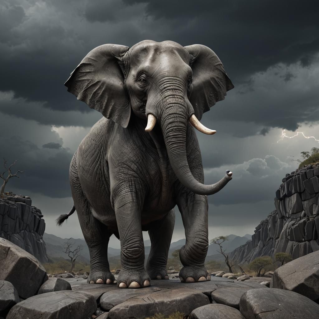 A stunning 3D render of a menacing, anthropomorphic elephant...
