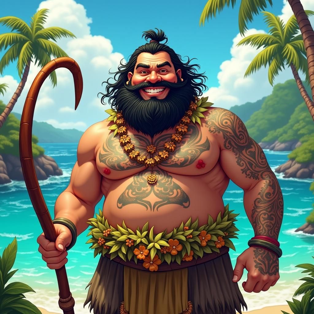 Polynesian Demigod with Fishhook in Animated Fantasy Style