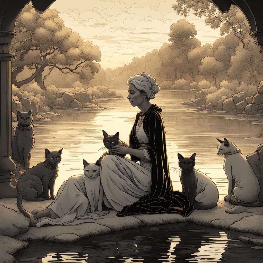 Wise Woman with Cats in Parrish Style