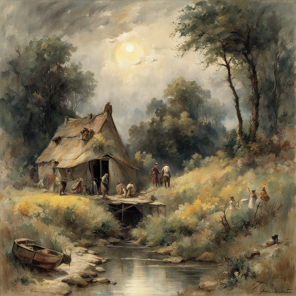 Charming Cottage and Bus in Ink Watercolor Painting