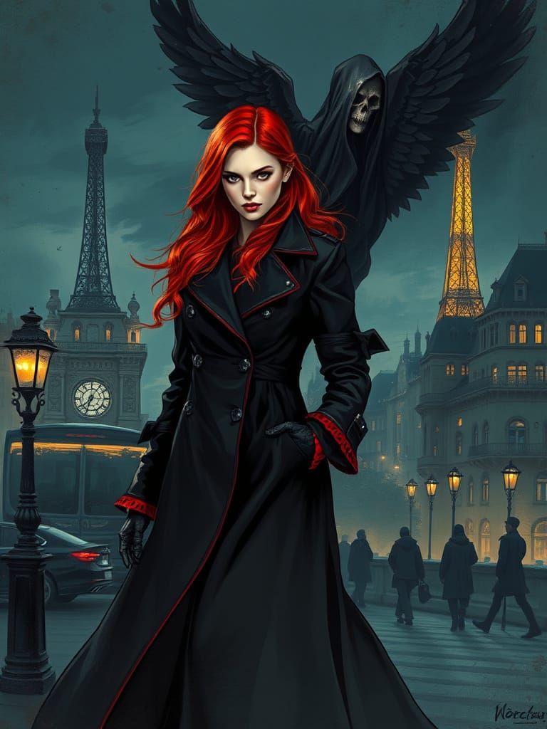Redhead in Paris at Night in Dramatic Lighting