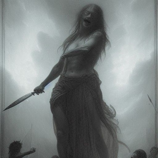 Woman with Blade, Dark Fantasy Engraving