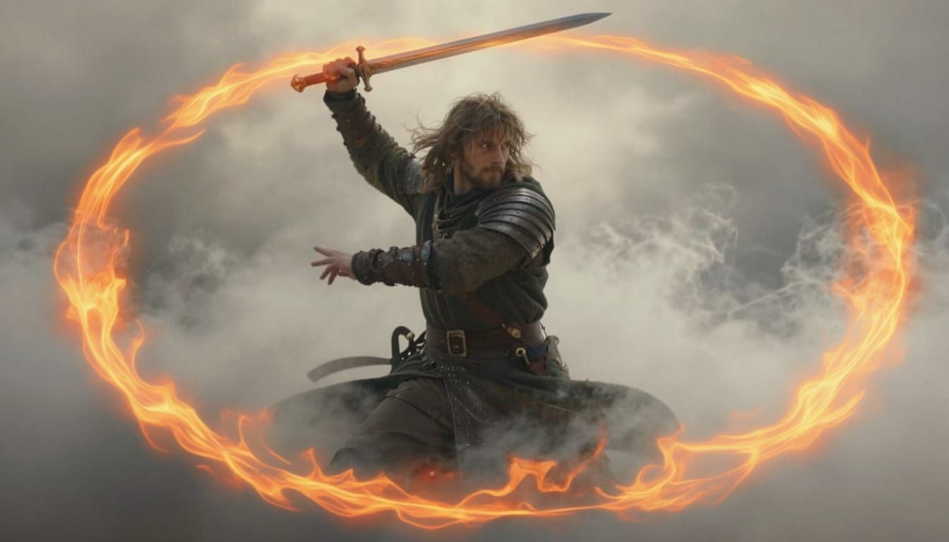 Midevil Warrior Emerges from Smoke, Sword Raised