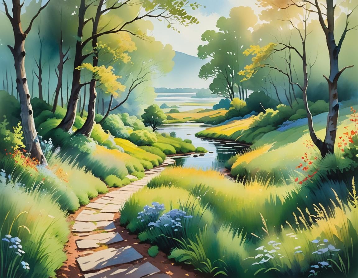 Impressionist Landscape with Winding Path and Lakes