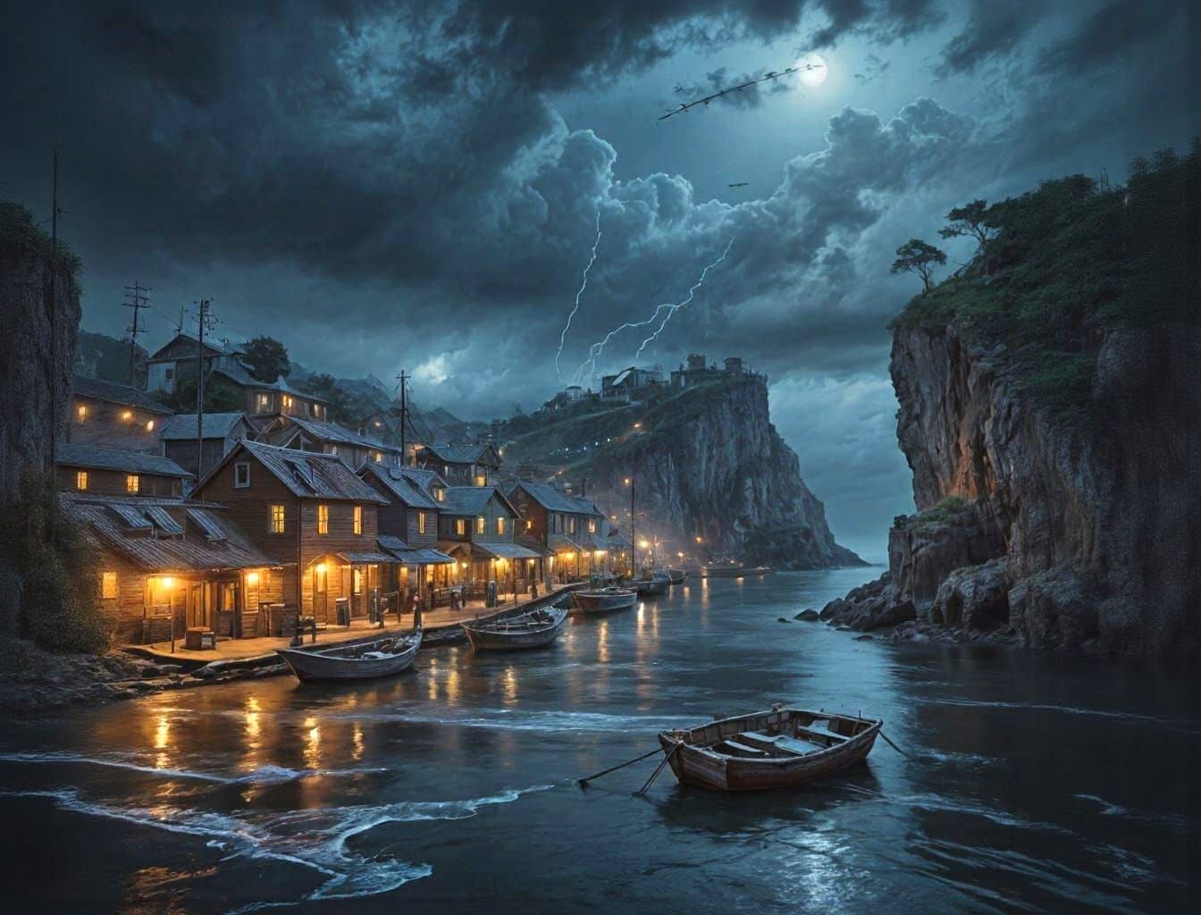 Stormy Night at Coastal Fishing Village