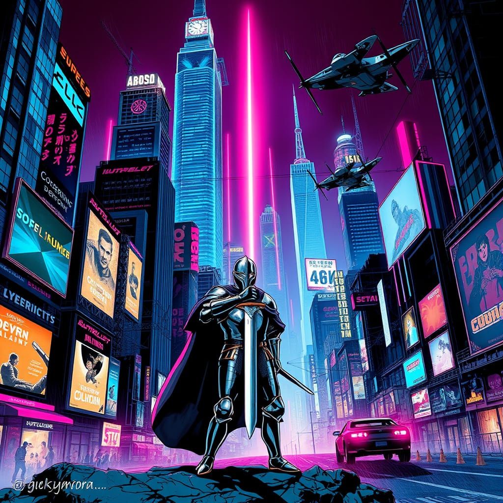 Medieval Knight in Cyberpunk City, Gritty Realism