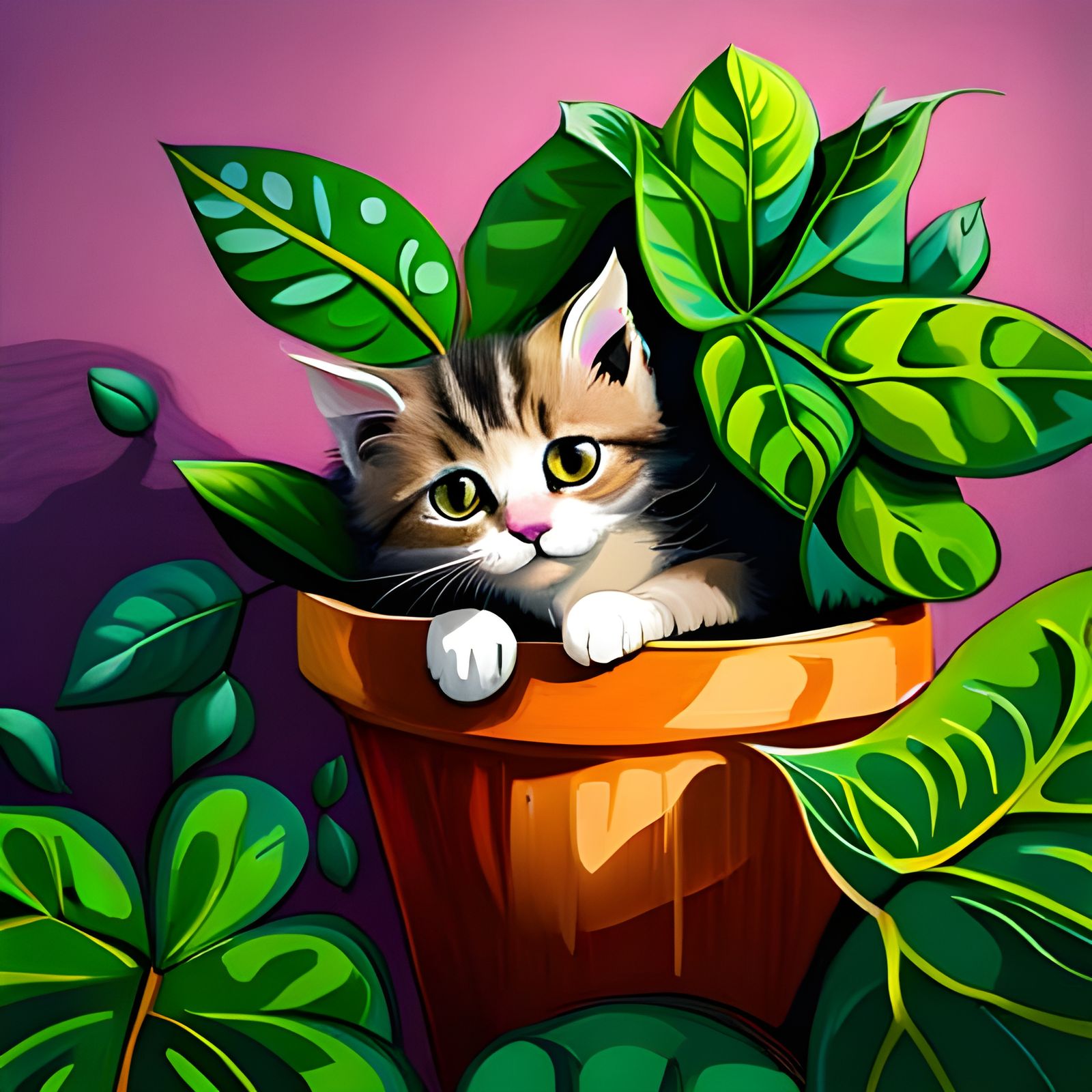 Kitten Napping in Graffiti Art Pot Plant