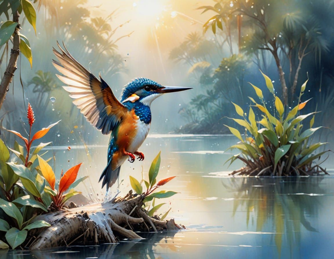 Rainbow Kingfisher in Watercolor Mangrove Lagoon