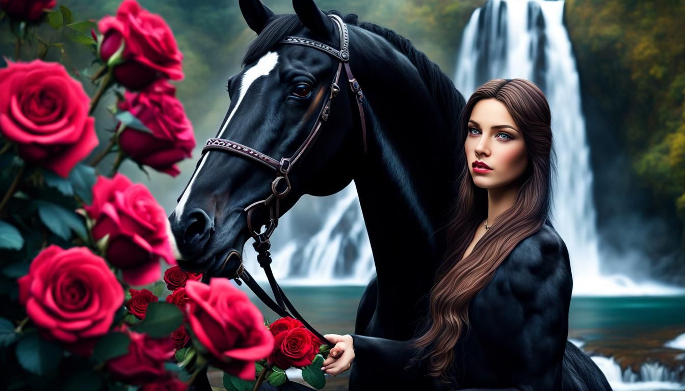 beauty girl, with a black horse near a waterfall with roses a highly crafted ,digital art vivid colours 4k intricate de...