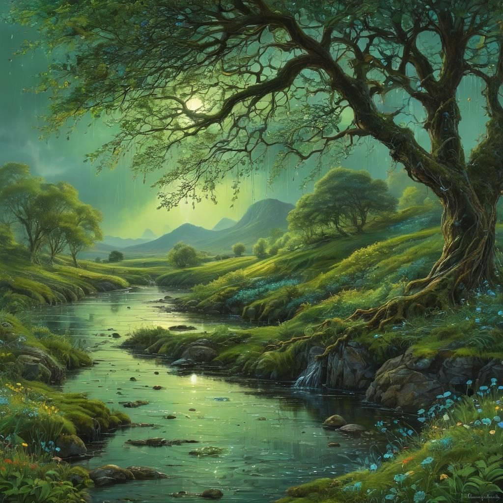 Rainy Irish Landscape in Vibrant Digital Art