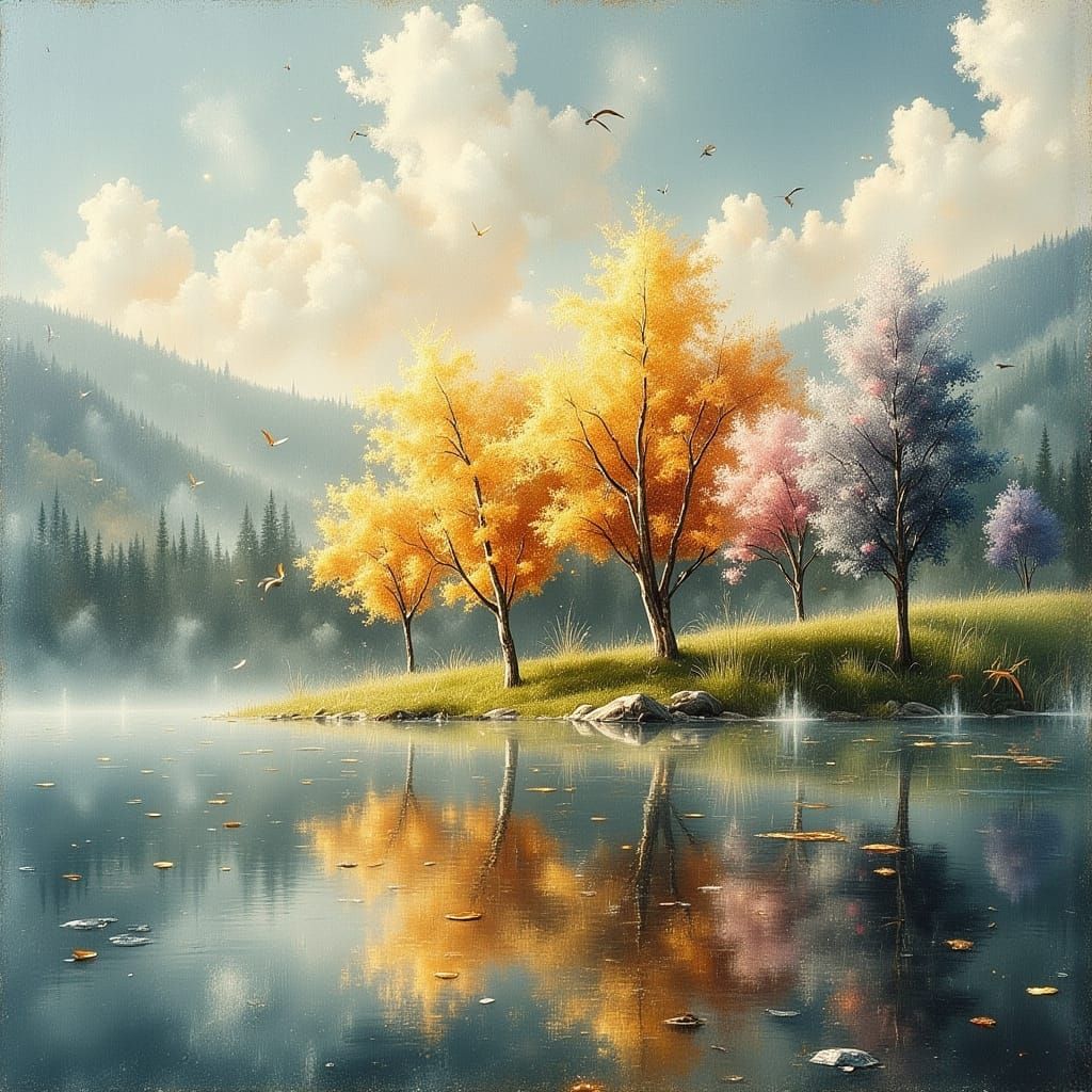 Pastel Trees Reflected in Lake on Golden Morning