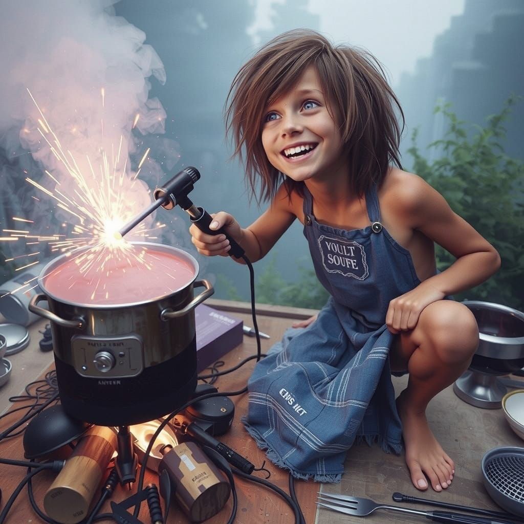 Electric Soup in Glowing Bowl with Cyberpunk Utensils