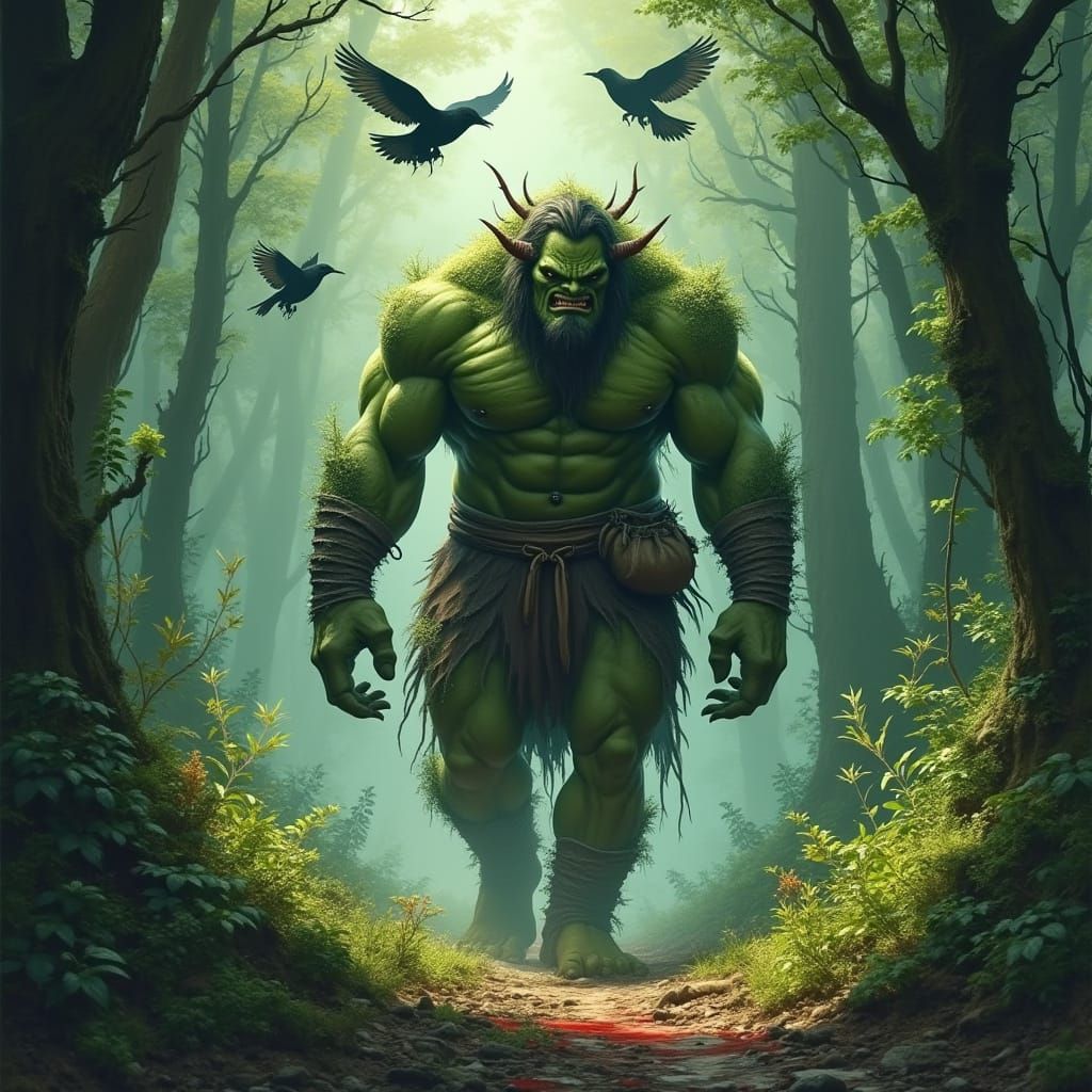 Fierce Green Orc Strolls Through Dark Forest