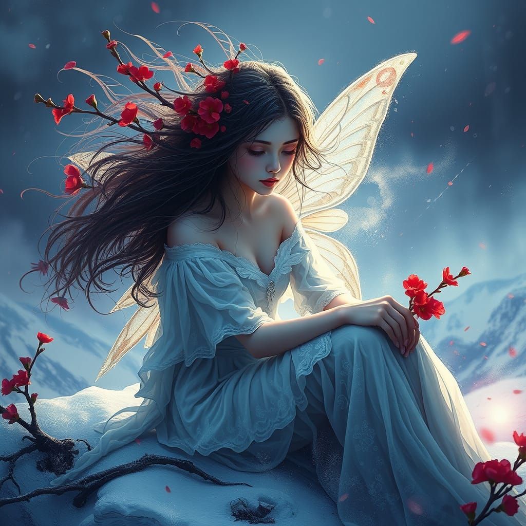 Portrait of a fairy with windswept hair, red blossoms, and delicate wings sits on a snow-lashed landscape. Sfumato strok...