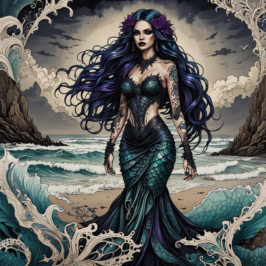 Gothic Mermaid on the Beach in Ink Pen Style