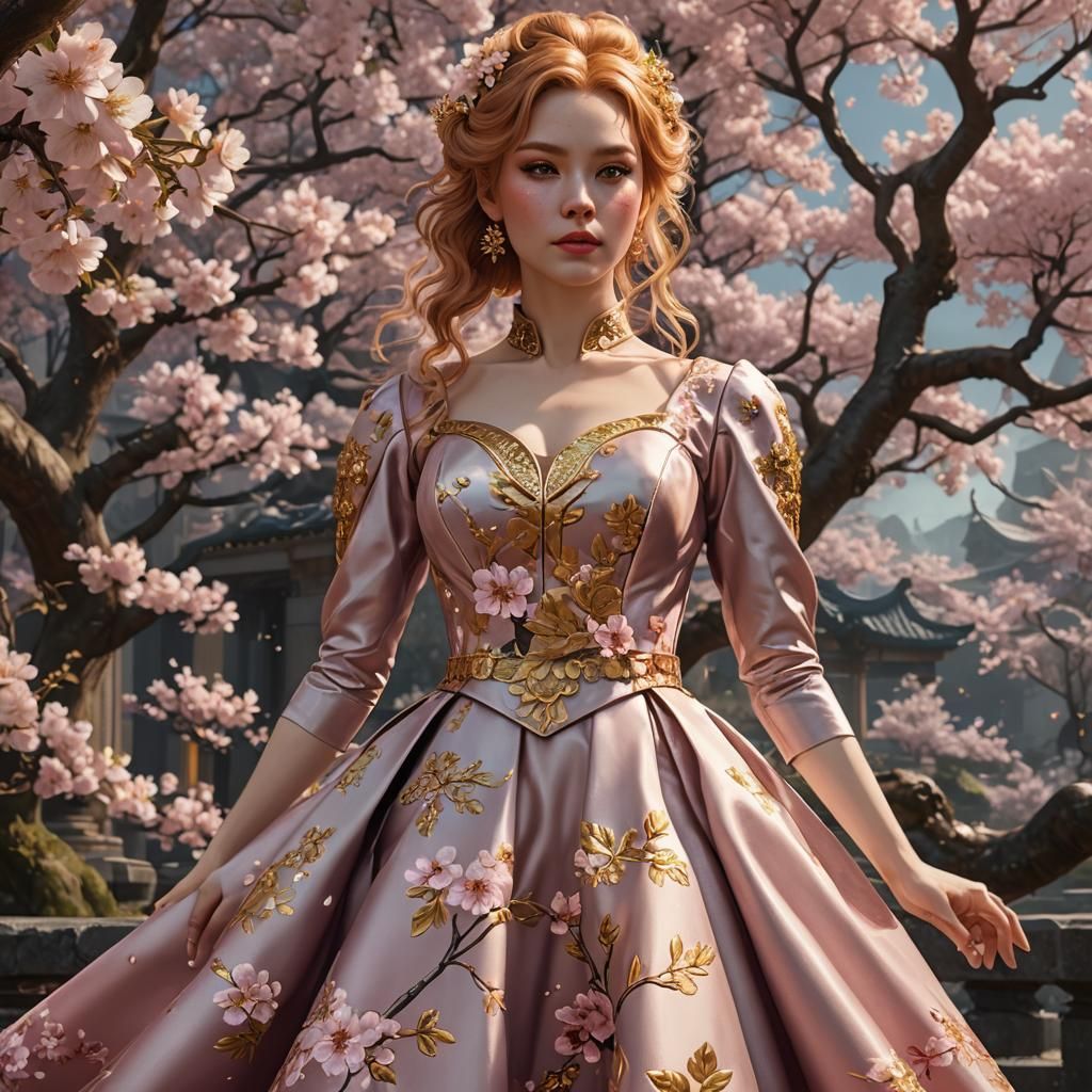 Girl in Cherry Blossom Dress: Fantasy Concept Art