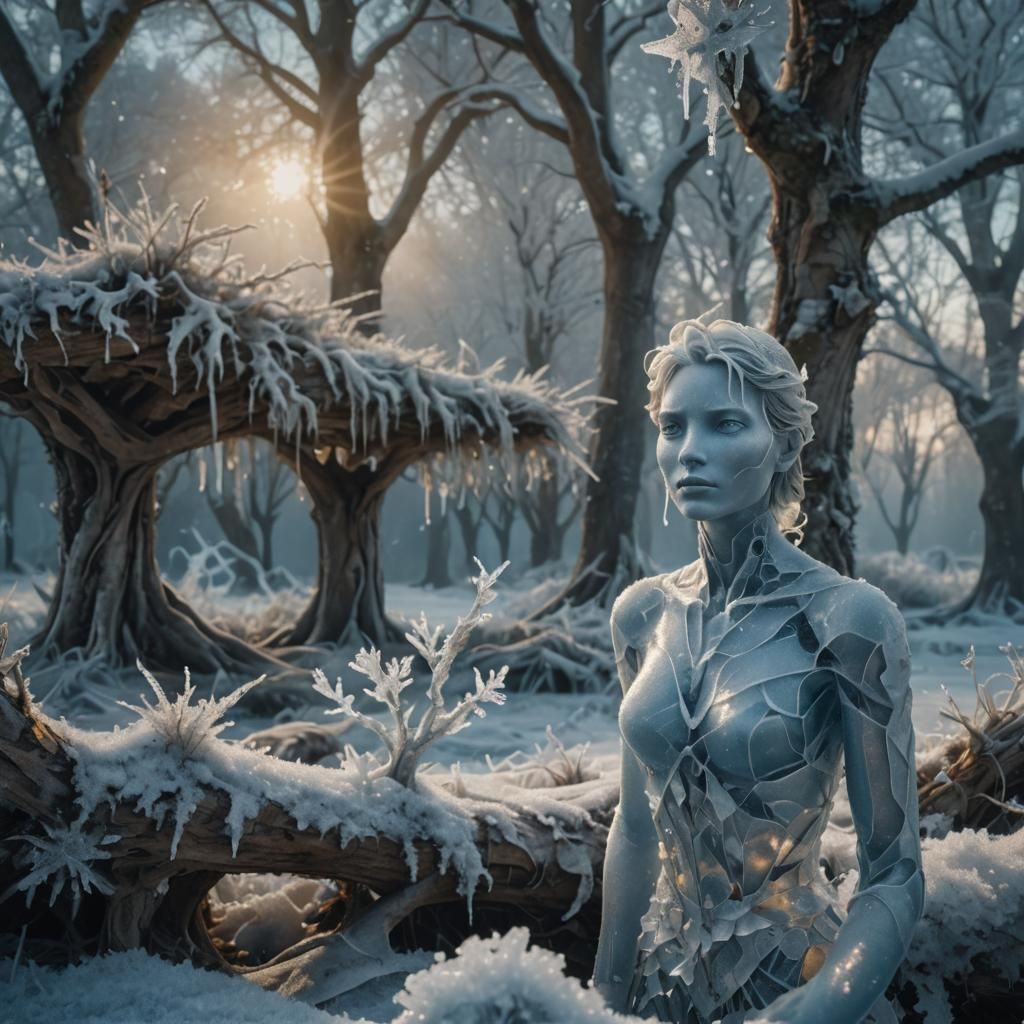 Icy Figure in Winter Landscape: Frosted Surrealism