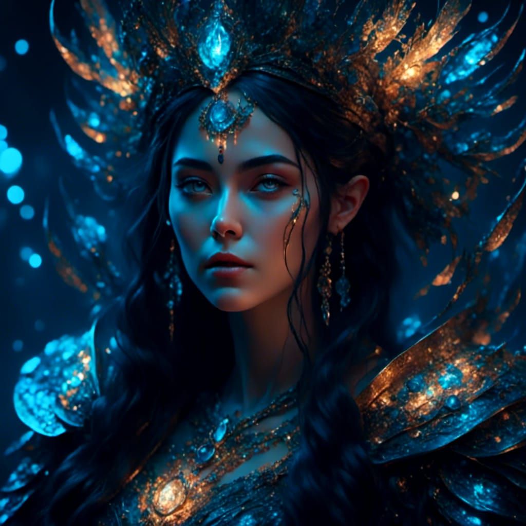 Intricate Portrait of Dark-Haired Sorceress Casting Spell