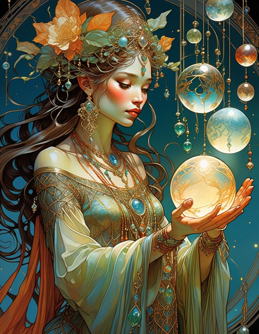 Enchantress Conjuring Magic with Orbs, Art Nouveau Style