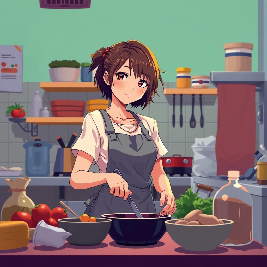 Anime Woman Cooking in Vibrant Manga Kitchen
