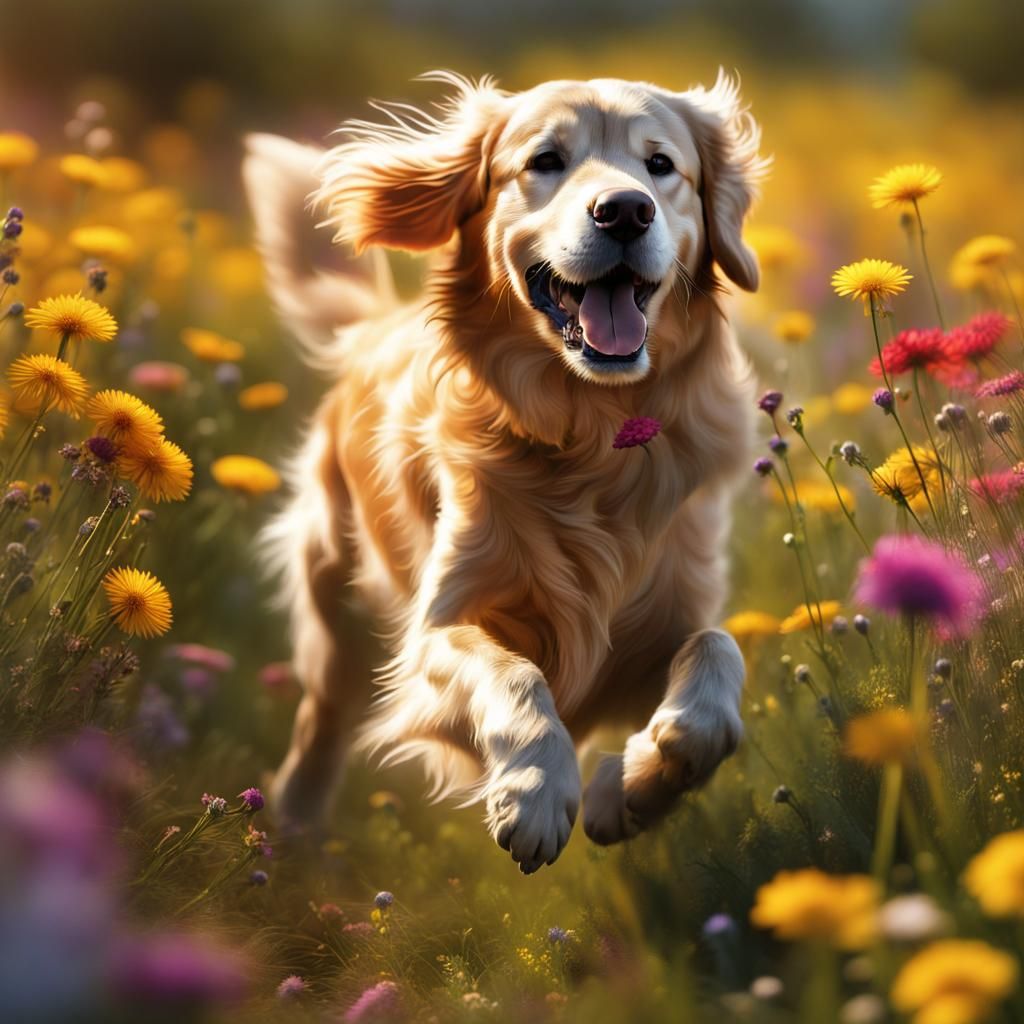 Golden Retriever Runs Through Wildflower Meadow