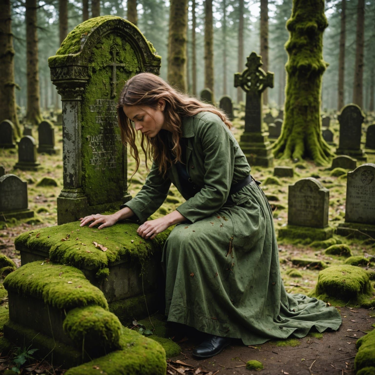 Woman Contemplating a Moss-Covered Headstone