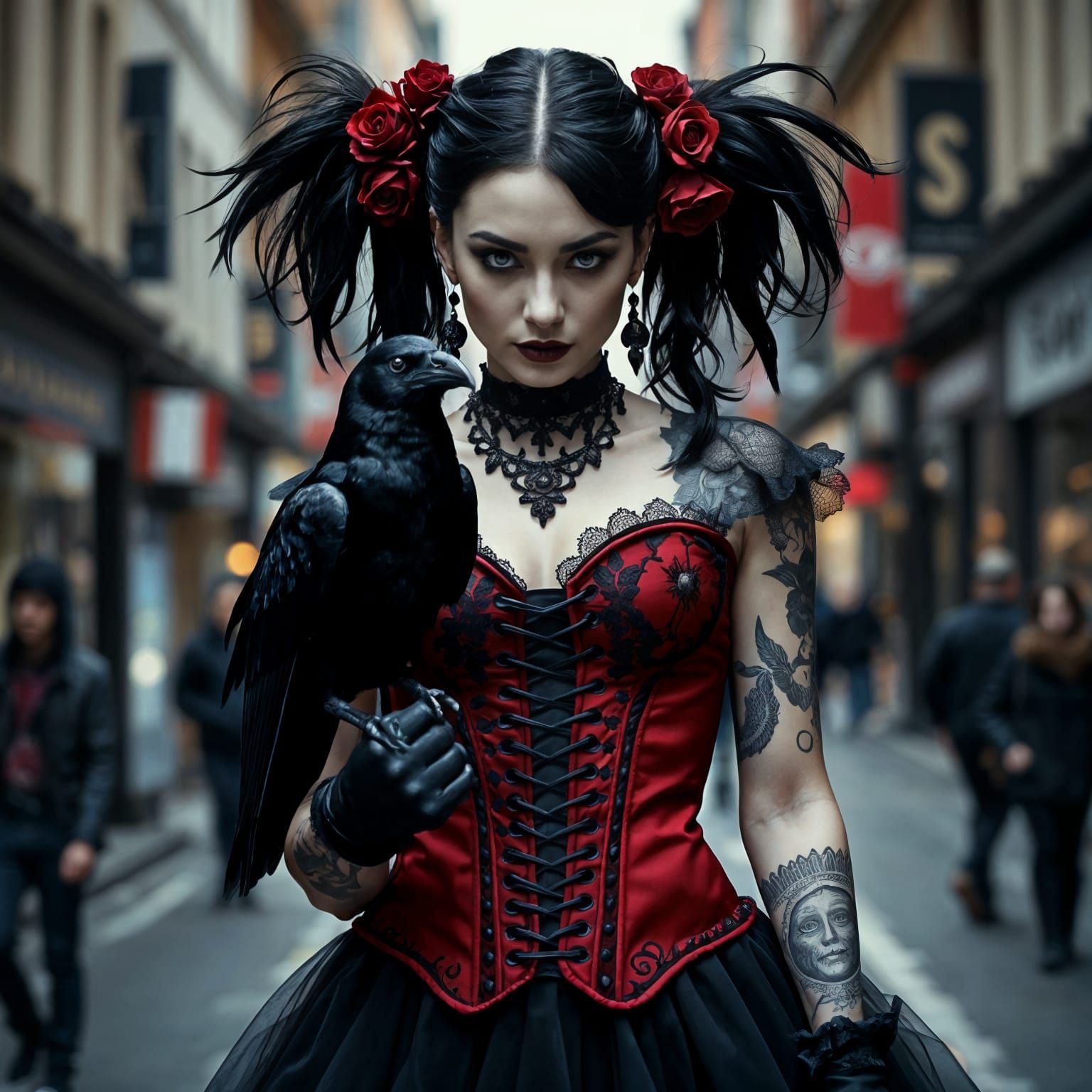 Gothic Woman with Raven in Moody City Portrait