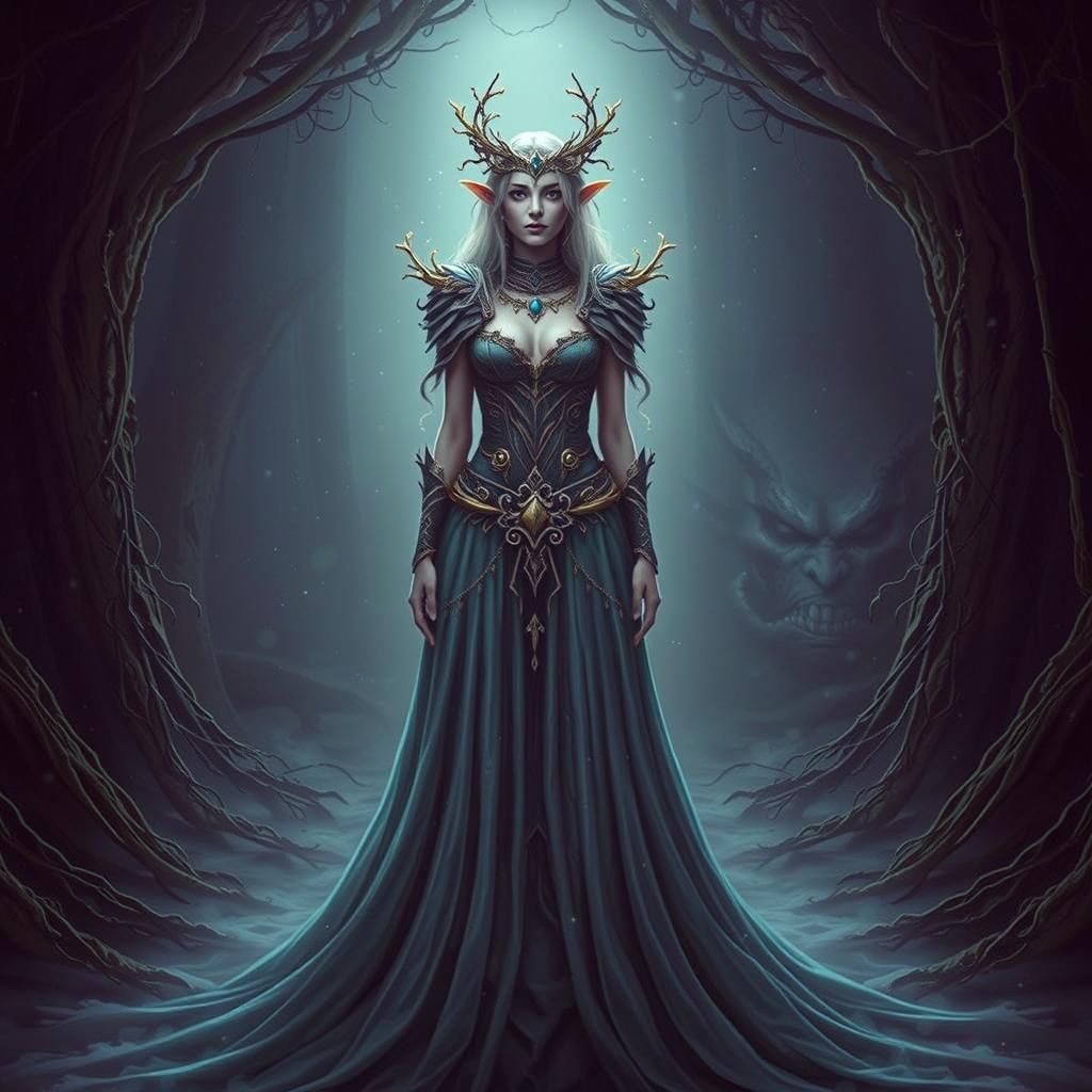 Regal Elf Queen in Misty Forest, Ethereal Portrait