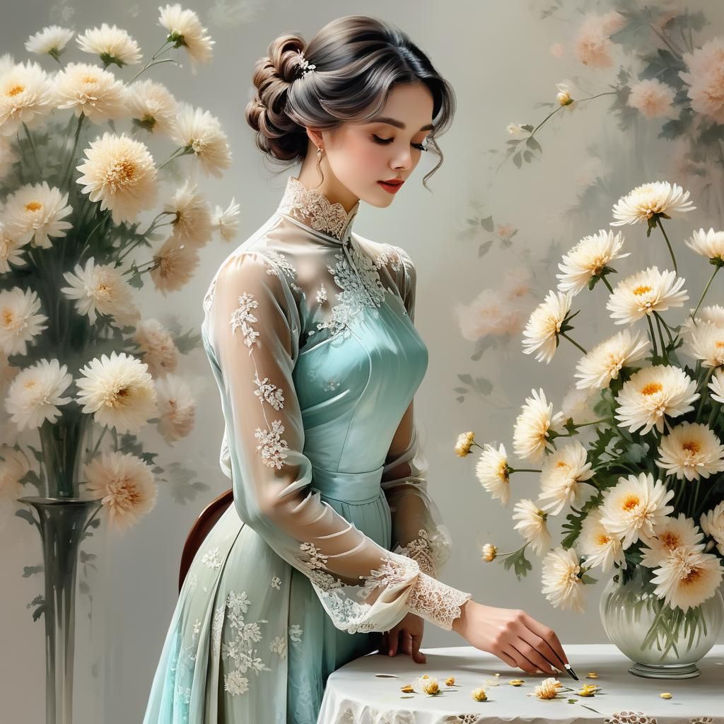 Woman Painting Chrysanthemums in Vintage Illustration Style