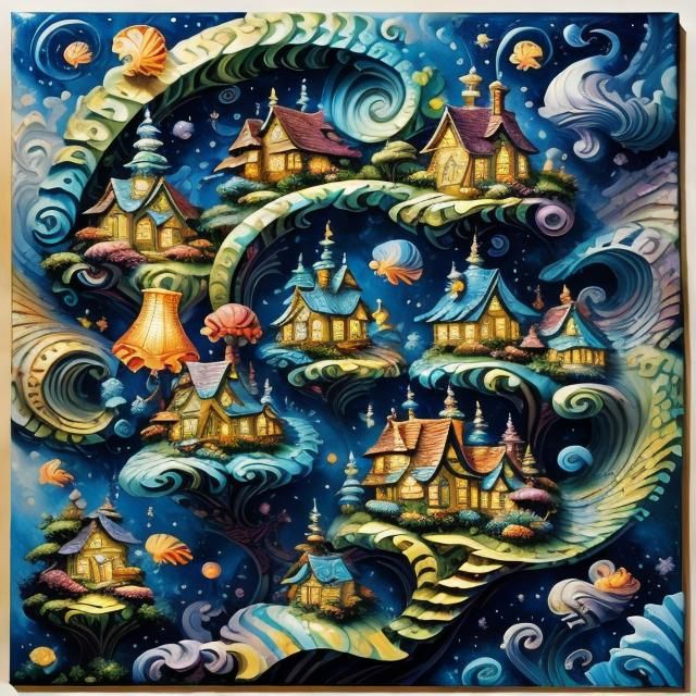 Fractal Nautilus Shell Floats: Impasto Gouache Art