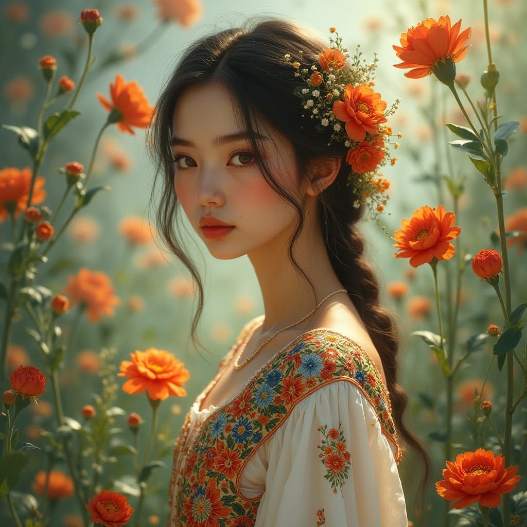 Ethereal Garden Goddess in Whimsical Art Nouveau Style