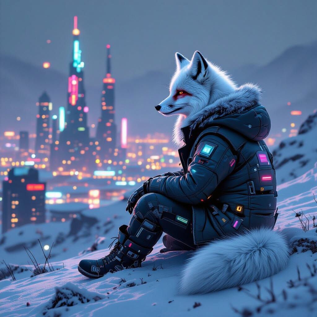 Cyberpunk Arctic Fox Overlooking Neon Cityscape
