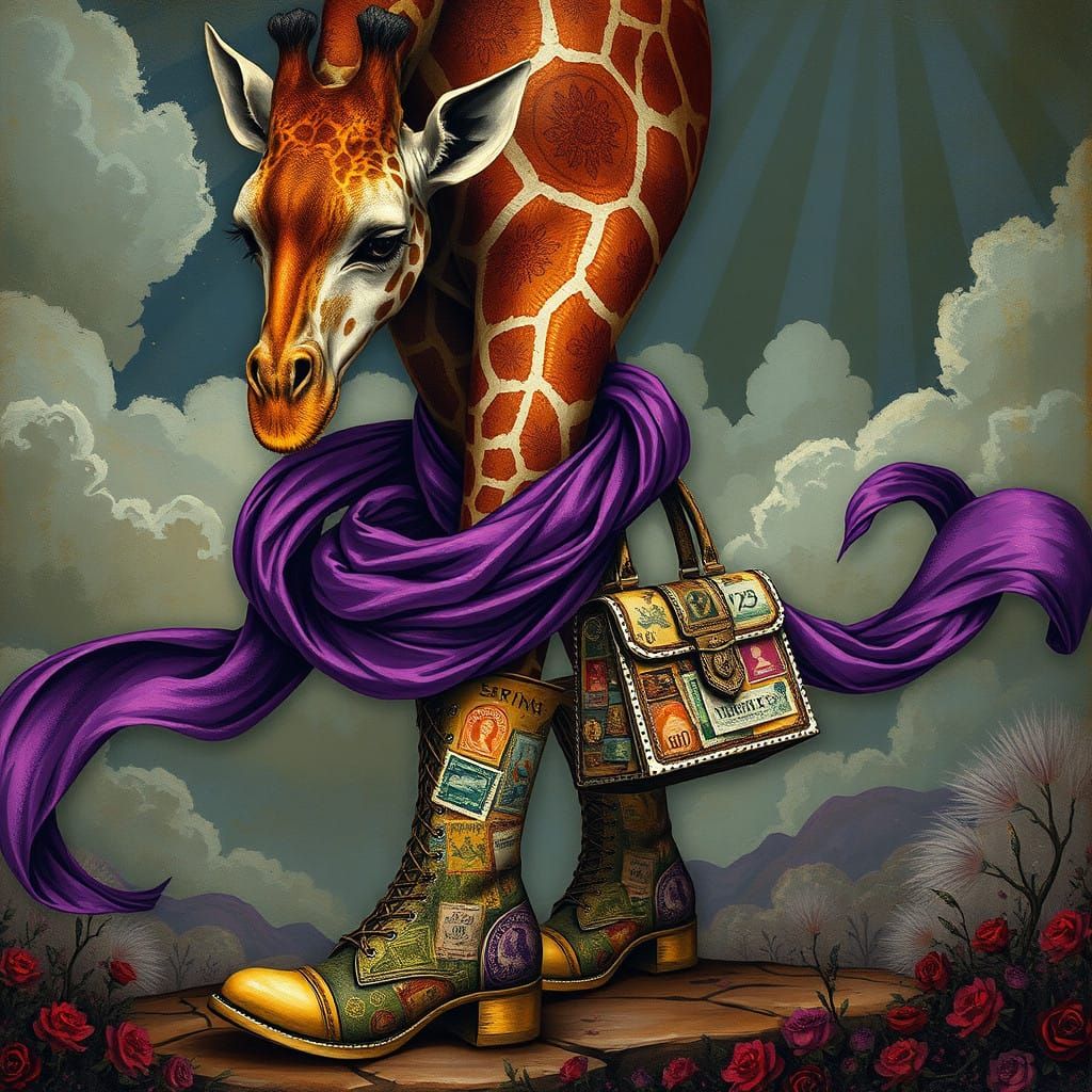 Giraffe in Whimsical Postage Stamp Boots, Hyperdetailed Fur,...