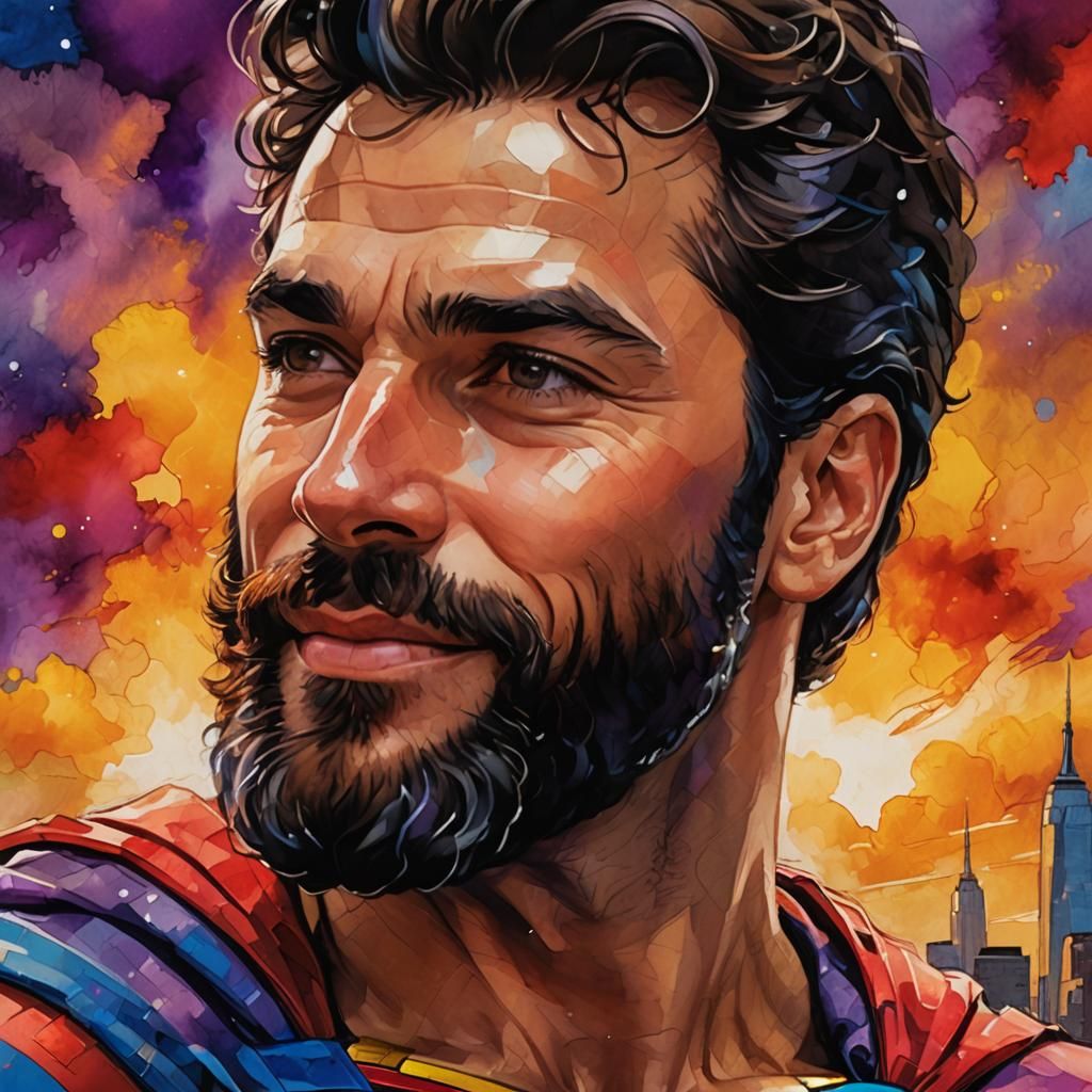 Bearded Superman Portrait in Impressionist Comic Style