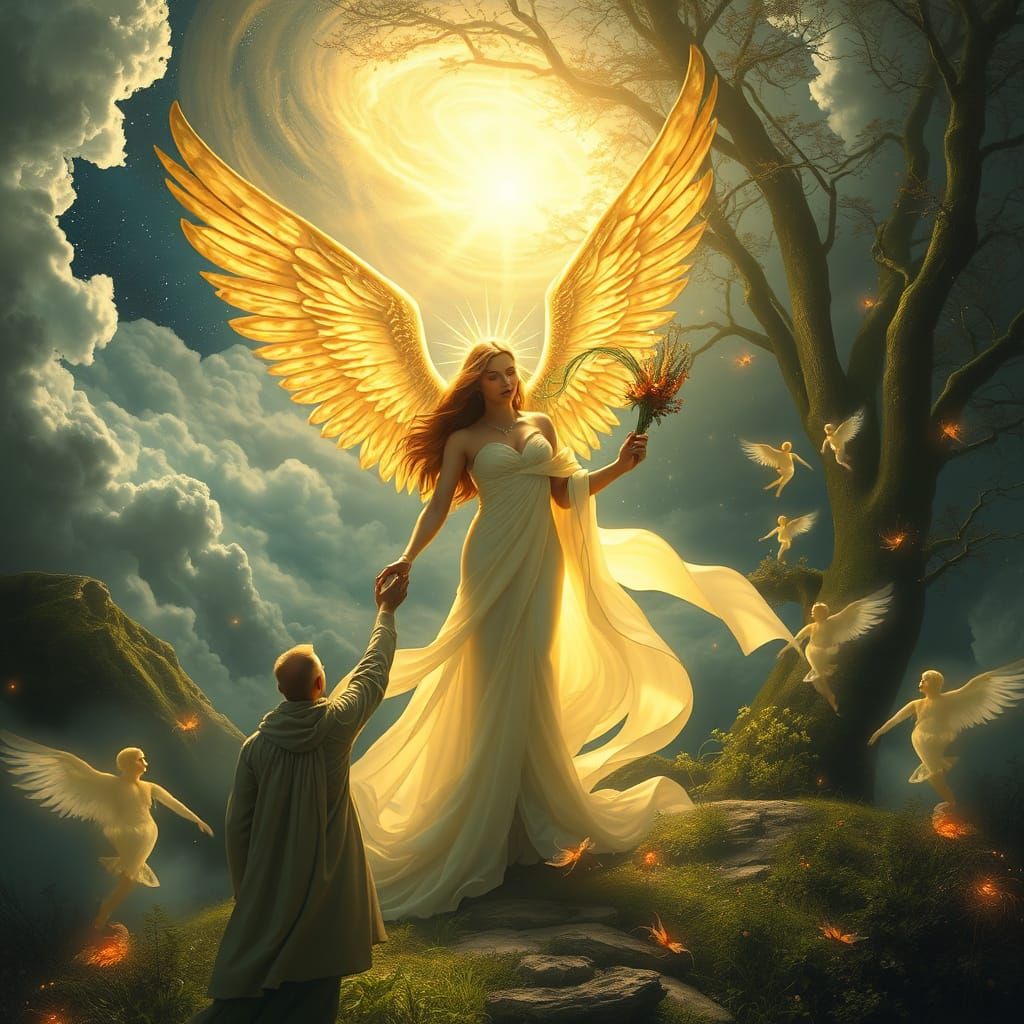 Goddess Reaching for Mortal in Celestial Grove