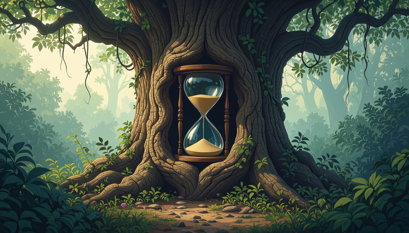 Hourglass Carving in Ancient Forest, Atmospheric Lighting