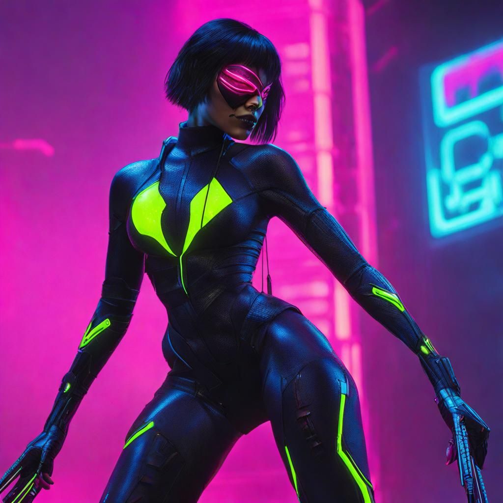 Cyberpunk Spider Woman in Neon Cityscape