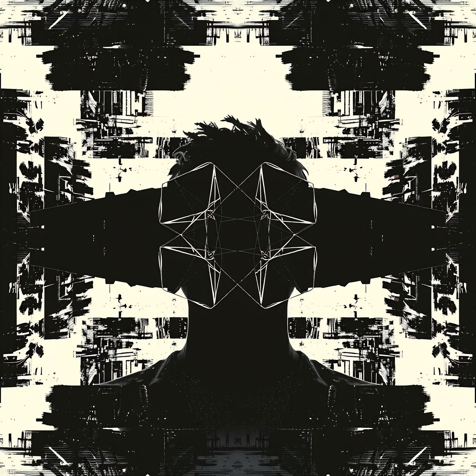Self-Destructing Silhouette in Glitch Collage Style