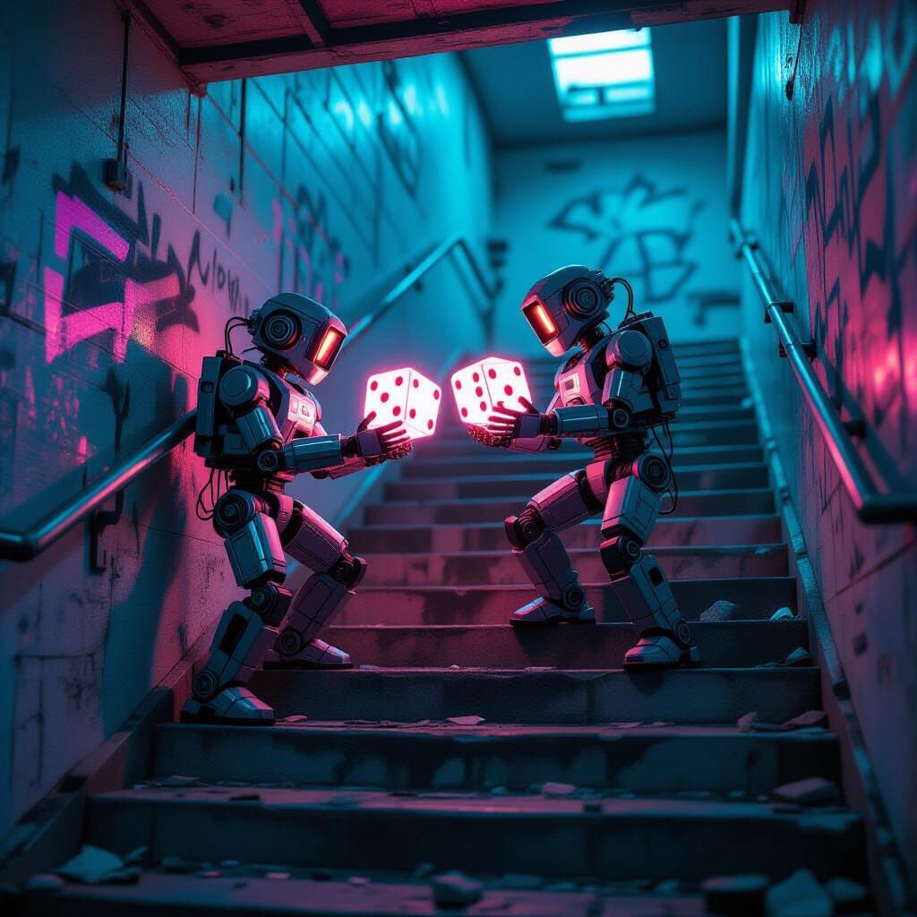 Cyberpunk Robots Play Dice in Gritty Bronx Stairwell