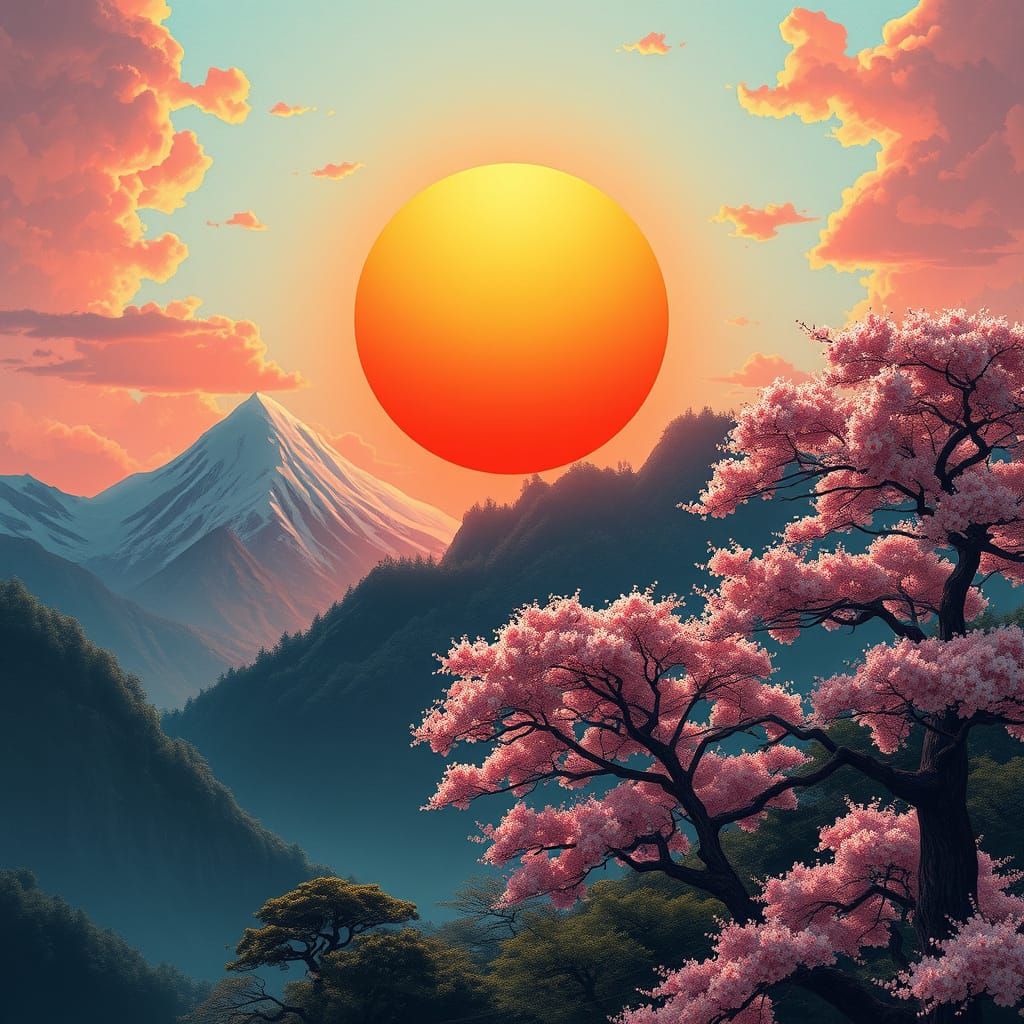 Epic Japanese Landscape with Burning Red Sun in a Maximalist...