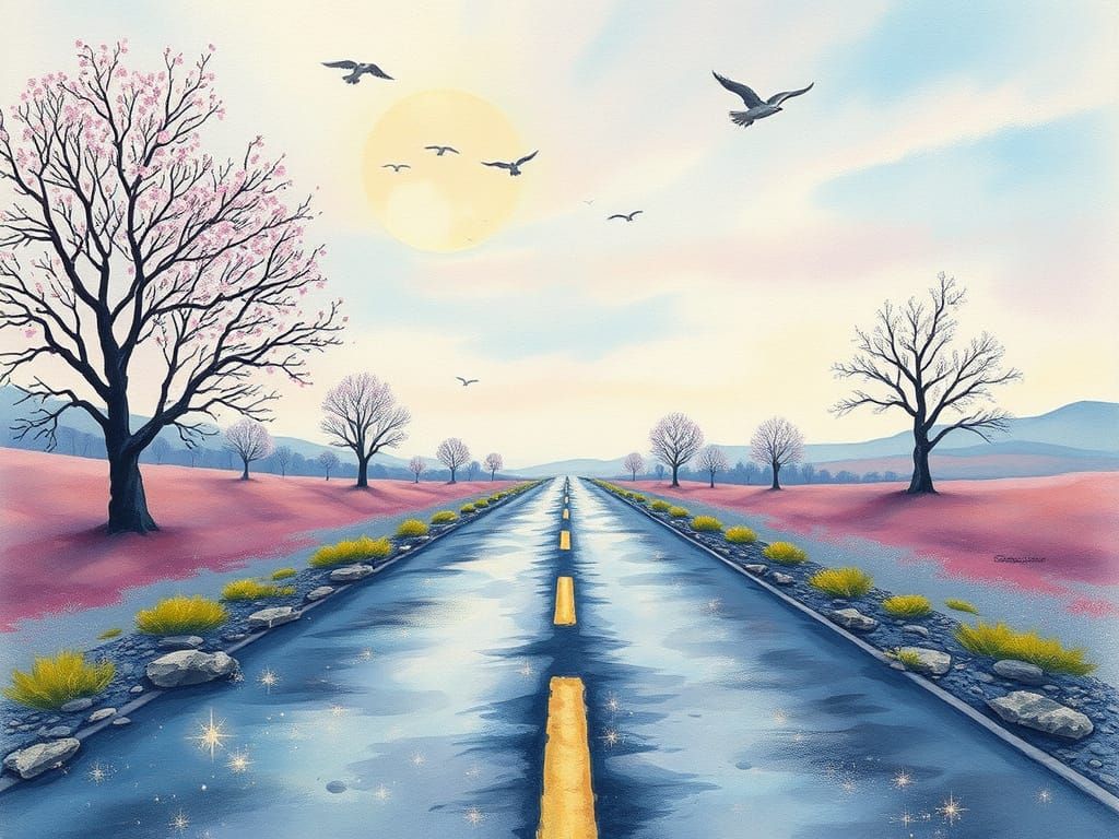Surreal Spring Landscape with Infinity Road and Watercolor T...