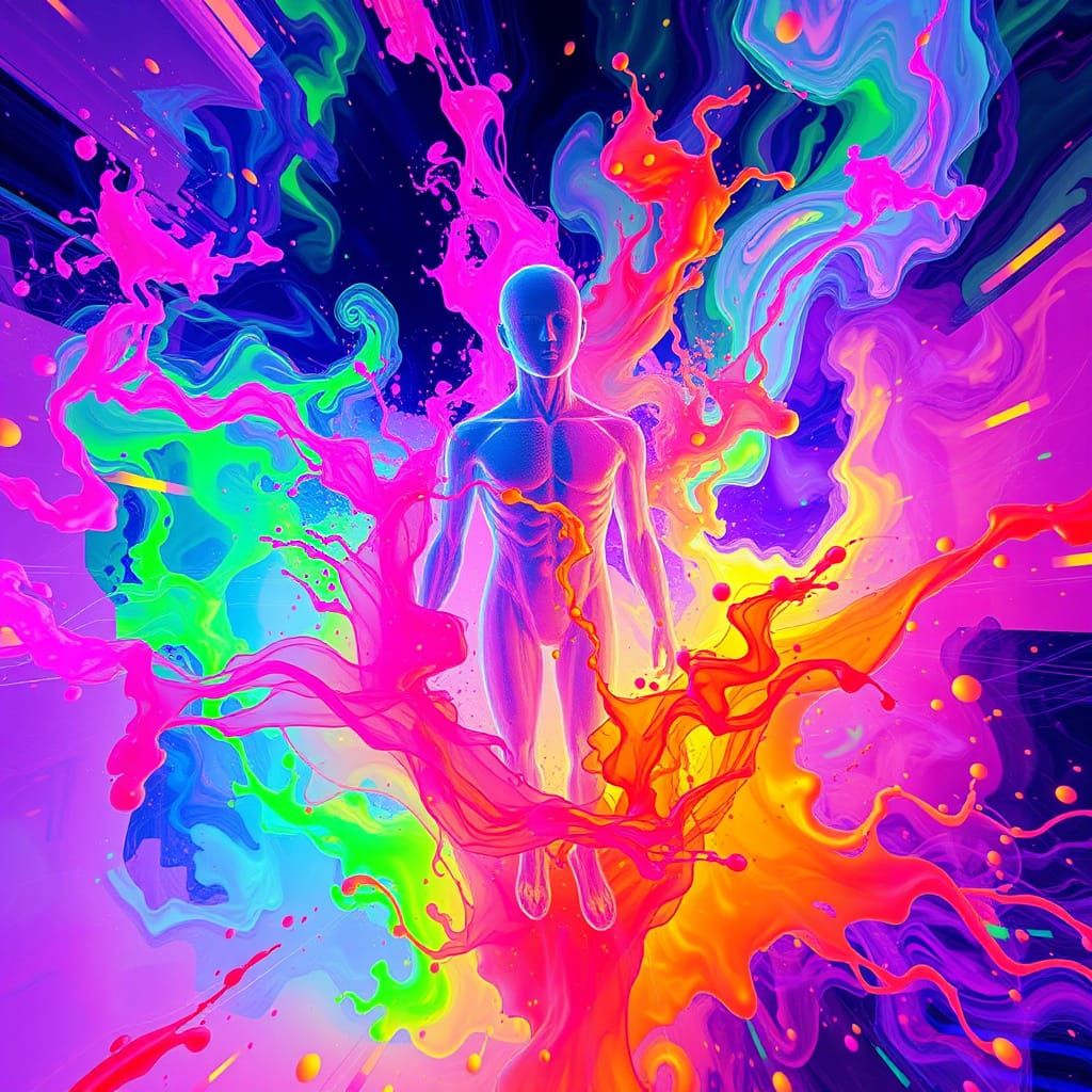 Neon Explosion in Liquid Space: Psychedelic Digital Art