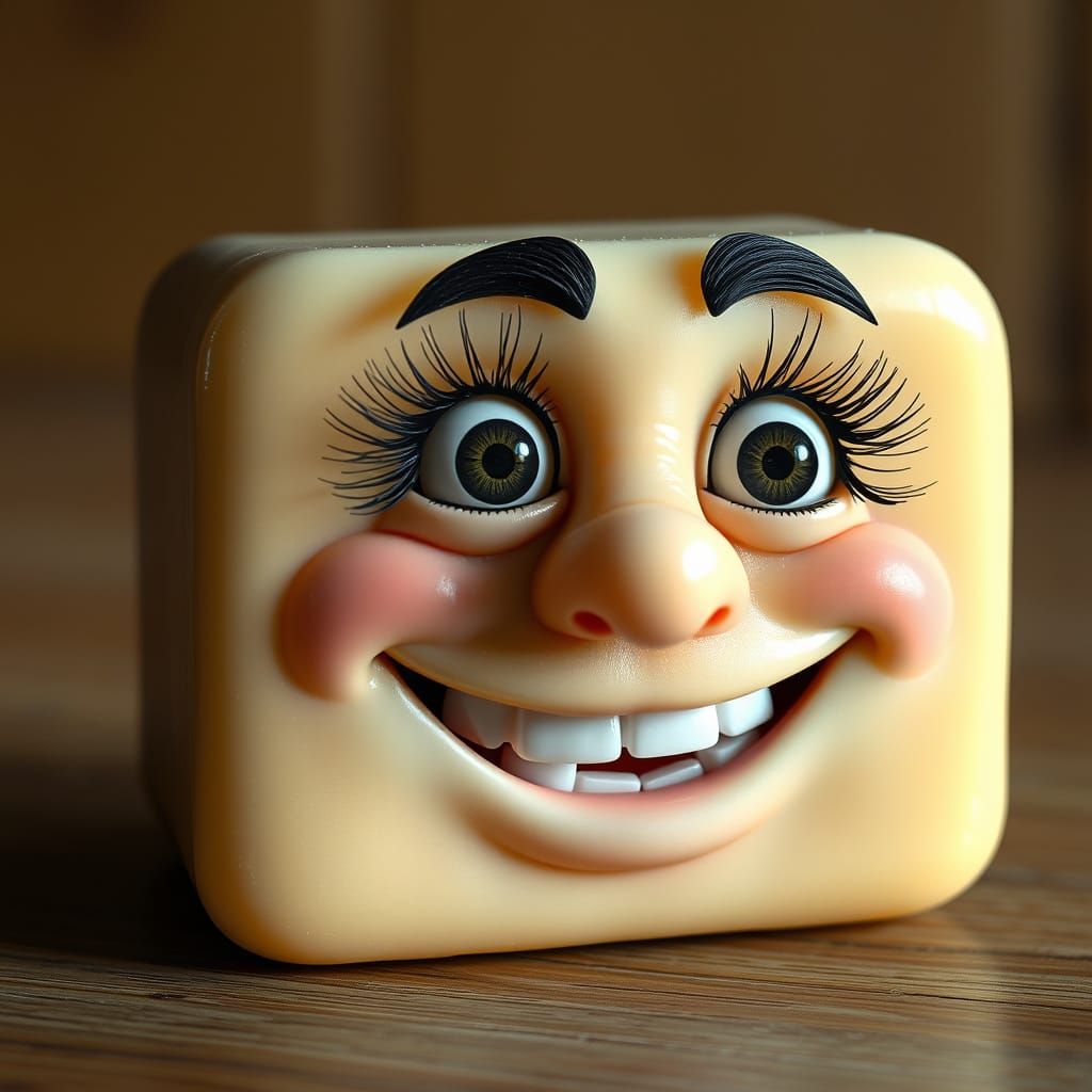 a surreal comical realistic bar of soap with a humanistic face and teeth and ultra-realistic eyes that has a jolly look,...