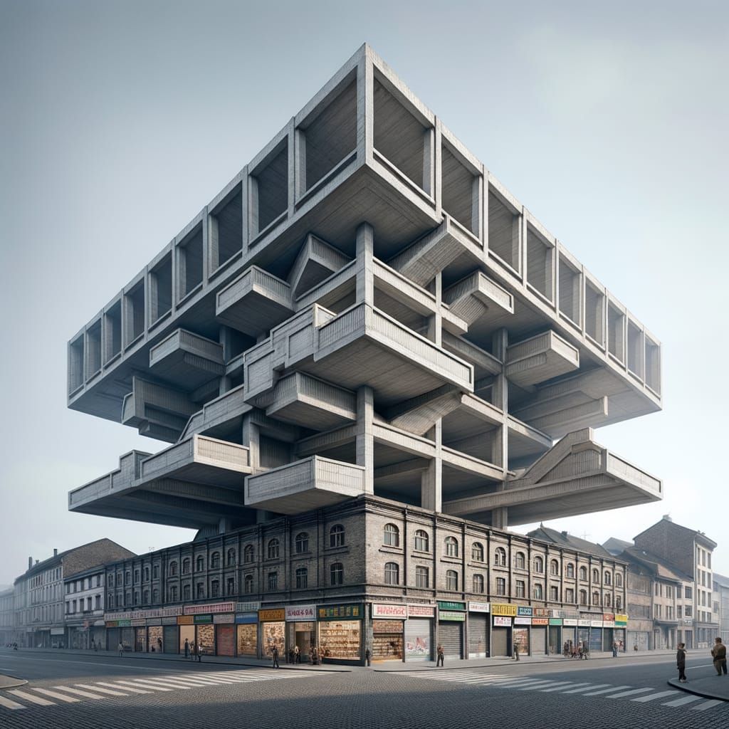 Modern L-Shaped Building with Exposed Concrete and Brick Fac...