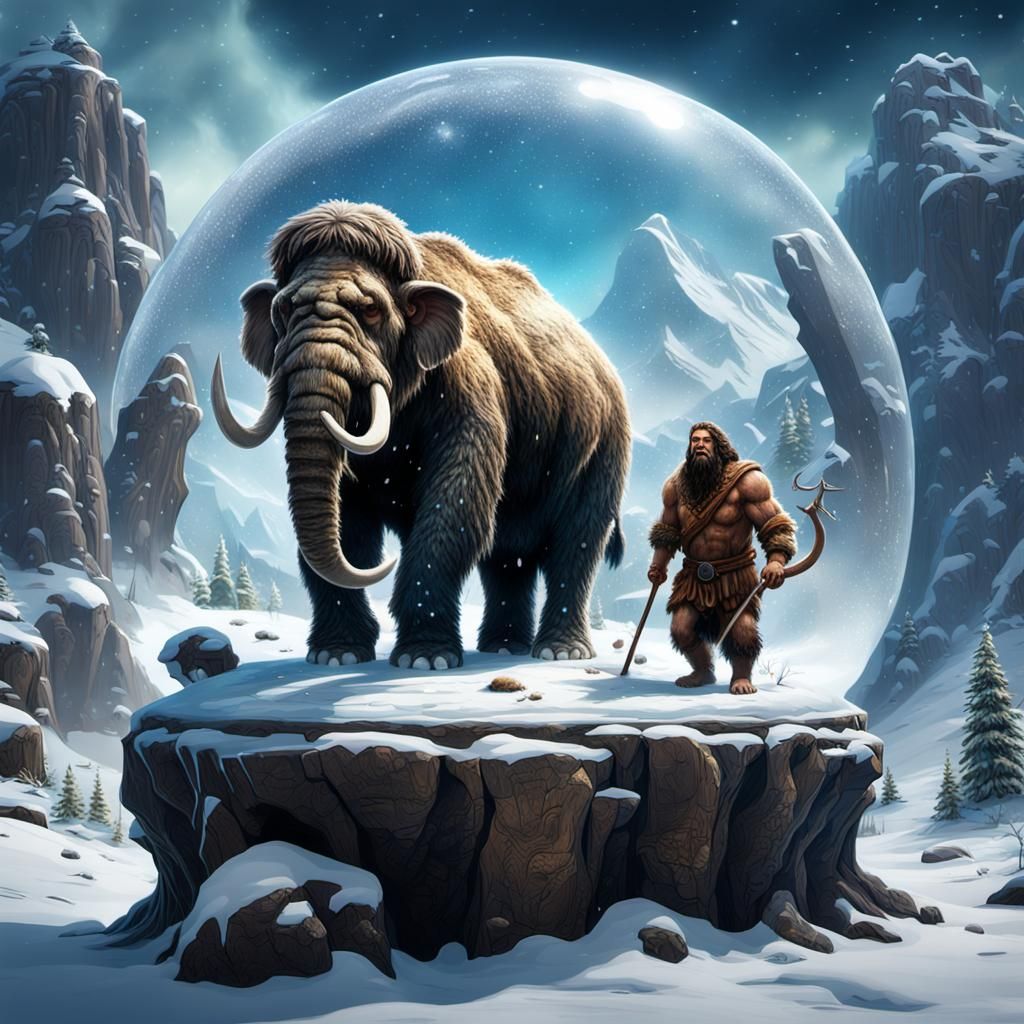 Hyperrealistic Caveman and Mammoth Snow Globe Scene