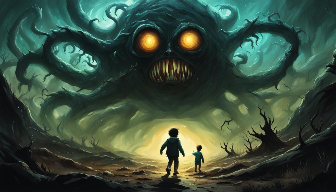 Terrifying Beholder Chases Man in Dark Fantasy Art
