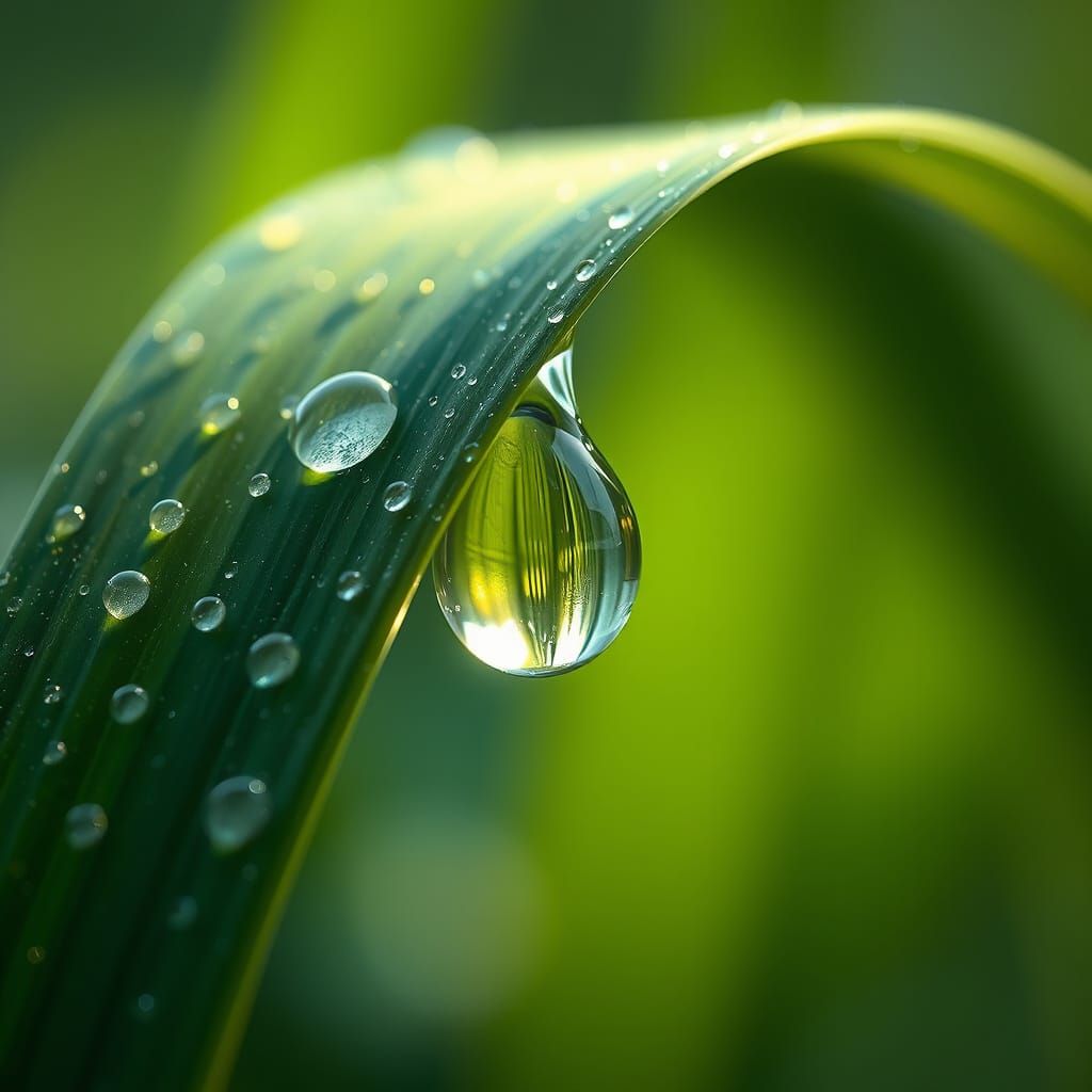 Raindrop Adorned Grass Leaf in Hyper-Realistic Style