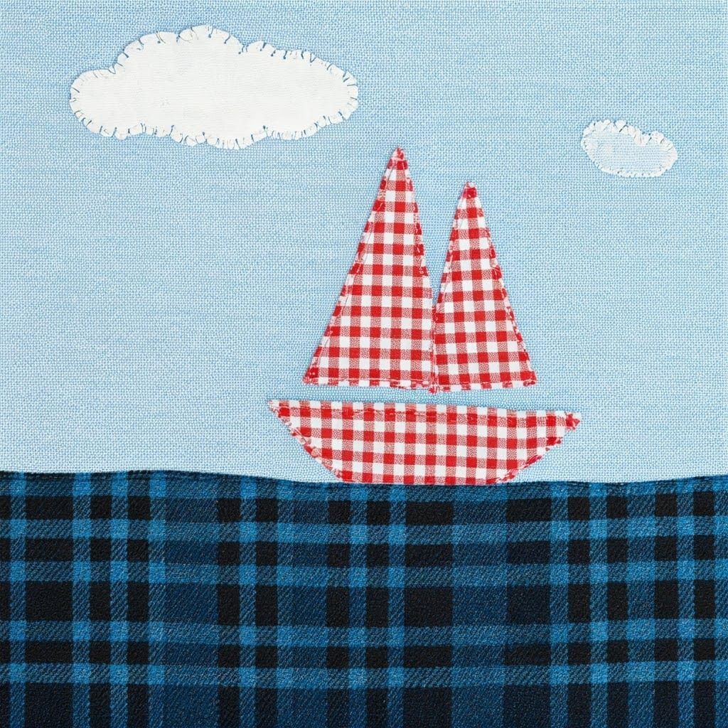 Whimsical Ginham Landscape with Red and White Checkered Boat