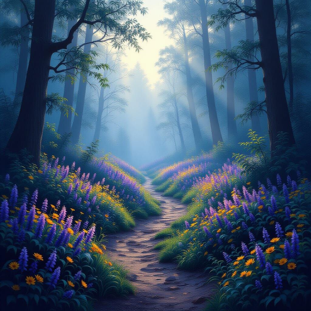 Foggy Forest Path with Wildflowers in Hyperrealistic Style